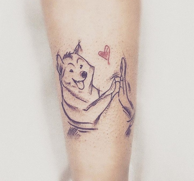 Shiba Inu doing high five in sketch style tattoo