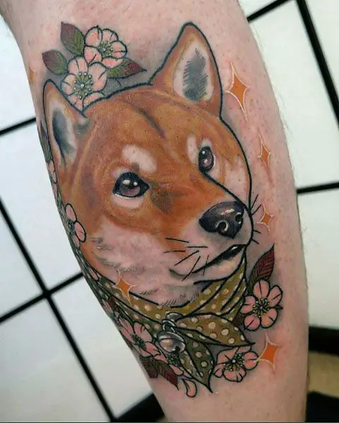 3D realistic face of Shiba Inu with flowers and sparkles tattoo on the leg
