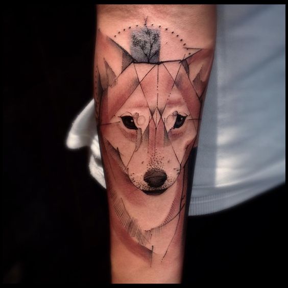 geometric Shiba Inu tattoo on the leg