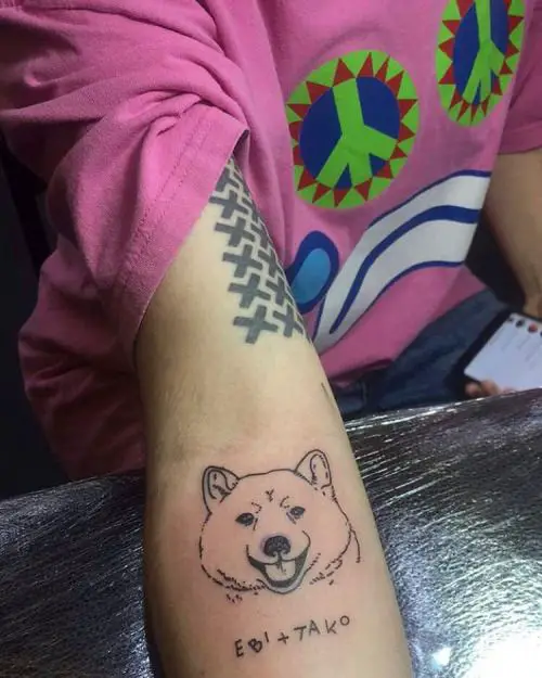 outline face of Shiba Inu tattoo on the forearm.