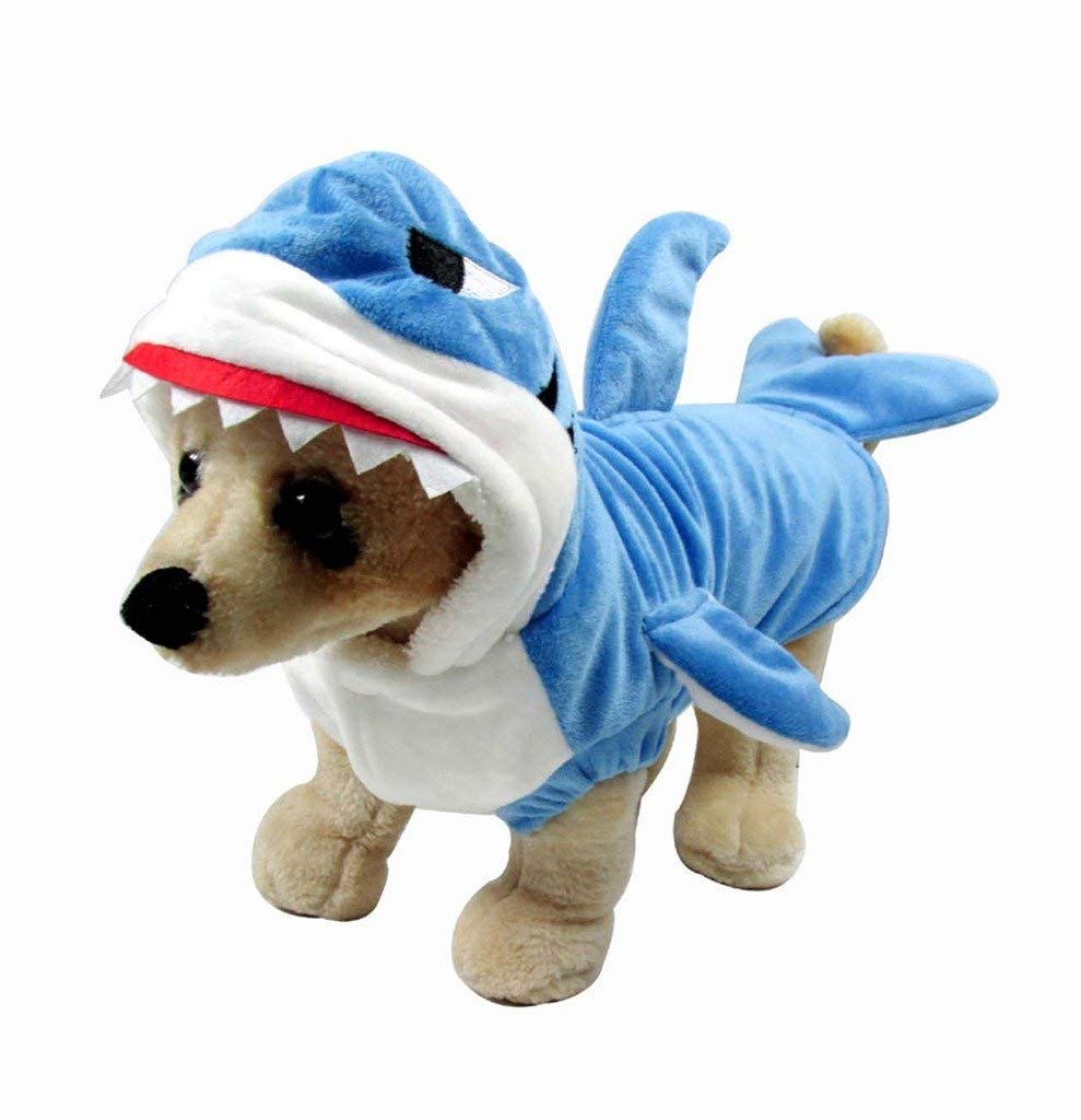 Small dog breed stuffed toy wearing a Shark Dog costume