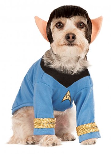 Small dog breed in an isolated white background wearing a Star Trek Spock Dog Costume