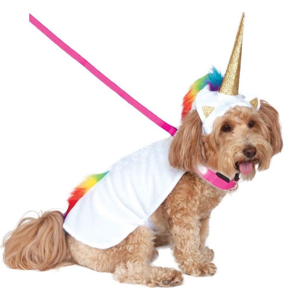 Small dog breed wearing a Unicorn Cape with Hood and Light-Up Collar Pet Costume