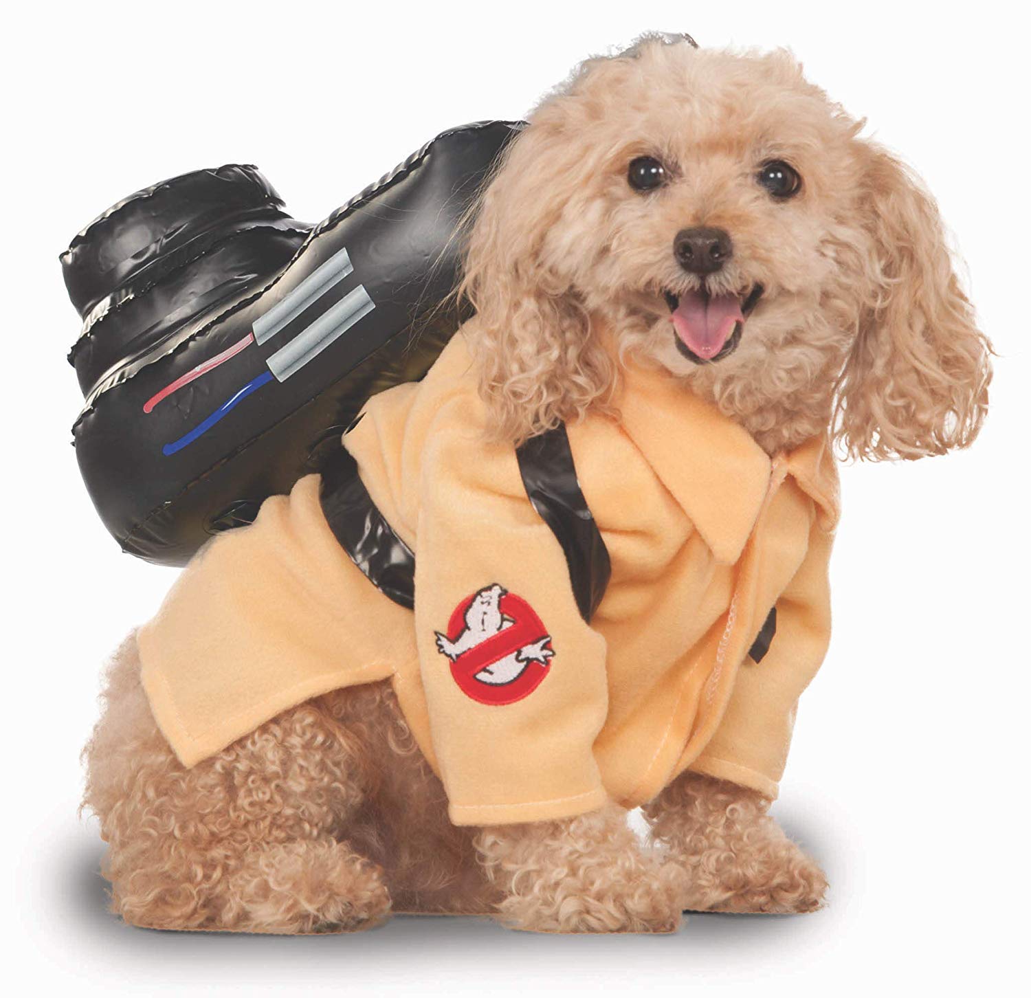 Small dog breed wearing a Ghostbuster Dog Costume while smiling