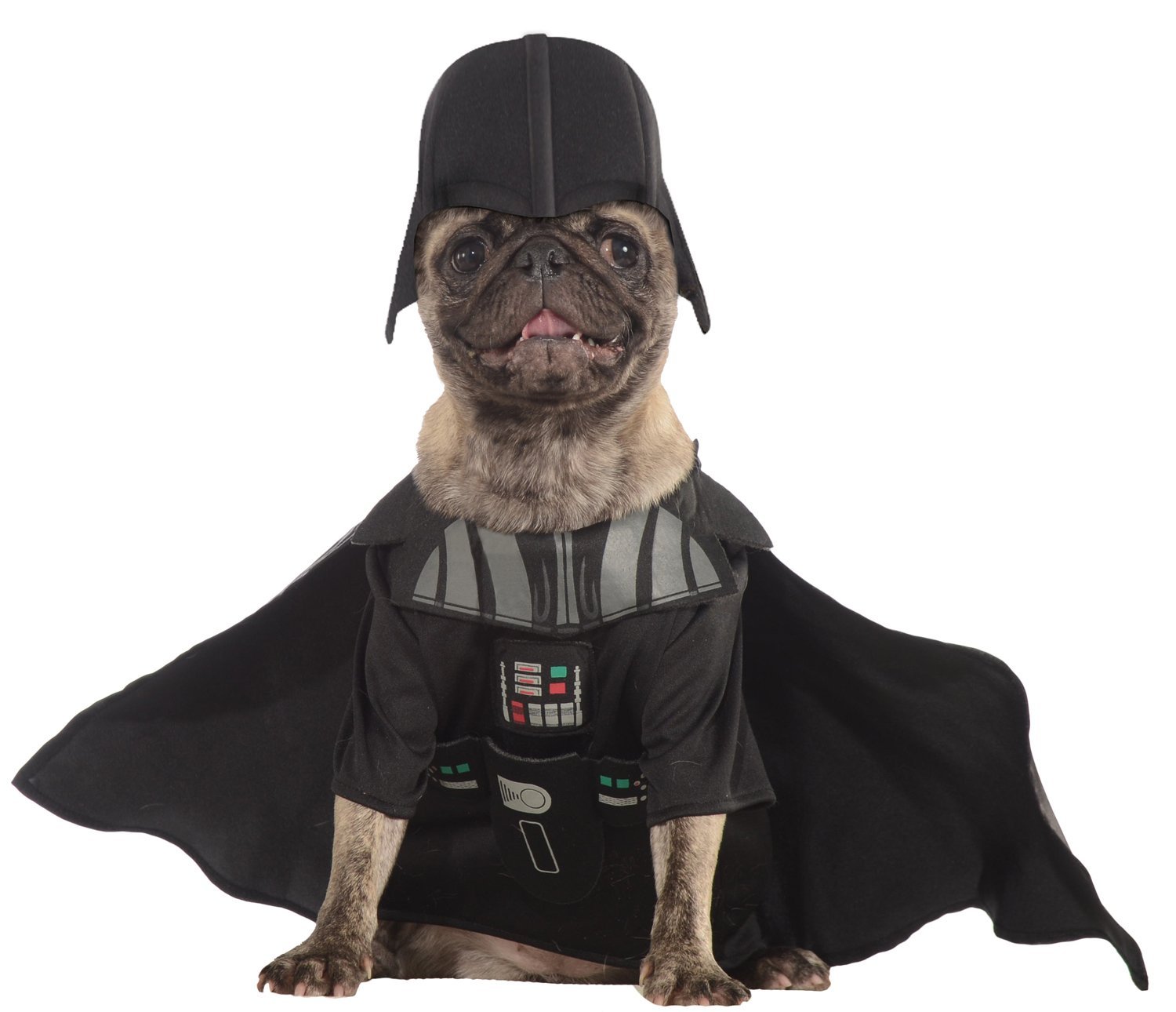 Pug wearing a Darth Vader Dog Costume while smiling