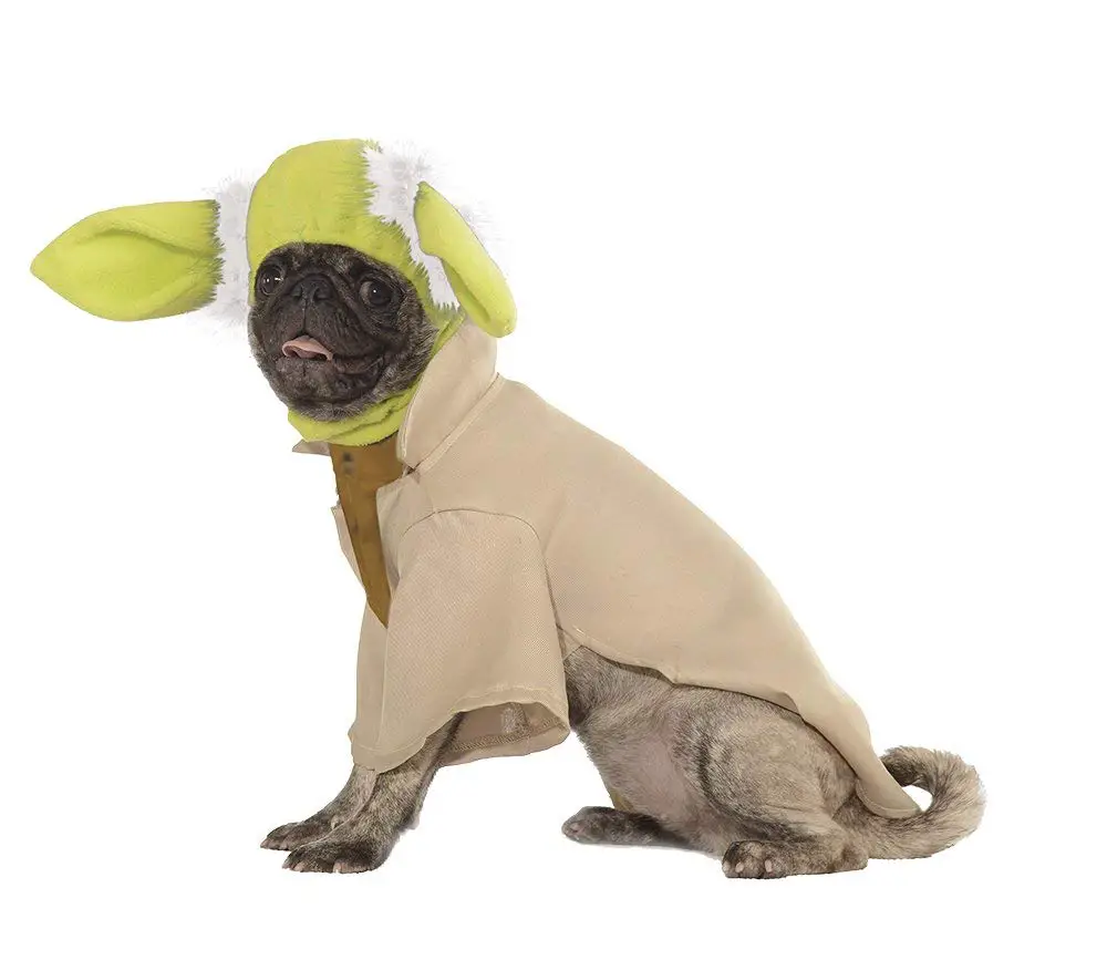Pug wearing a Yoda Dog Costume while smiling