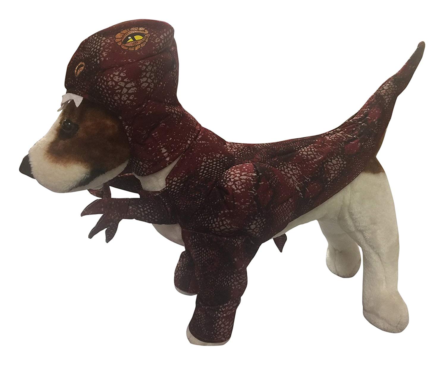 Small dog breed stuffed toy wearing a Raptor Dog Costume