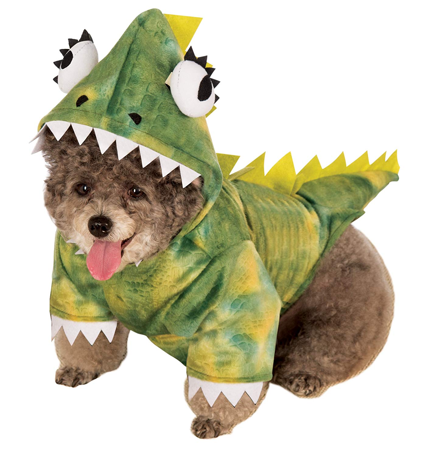 Small dog breed with brown fluffy curly fur wearing a Green Dinosaur Dog Costume