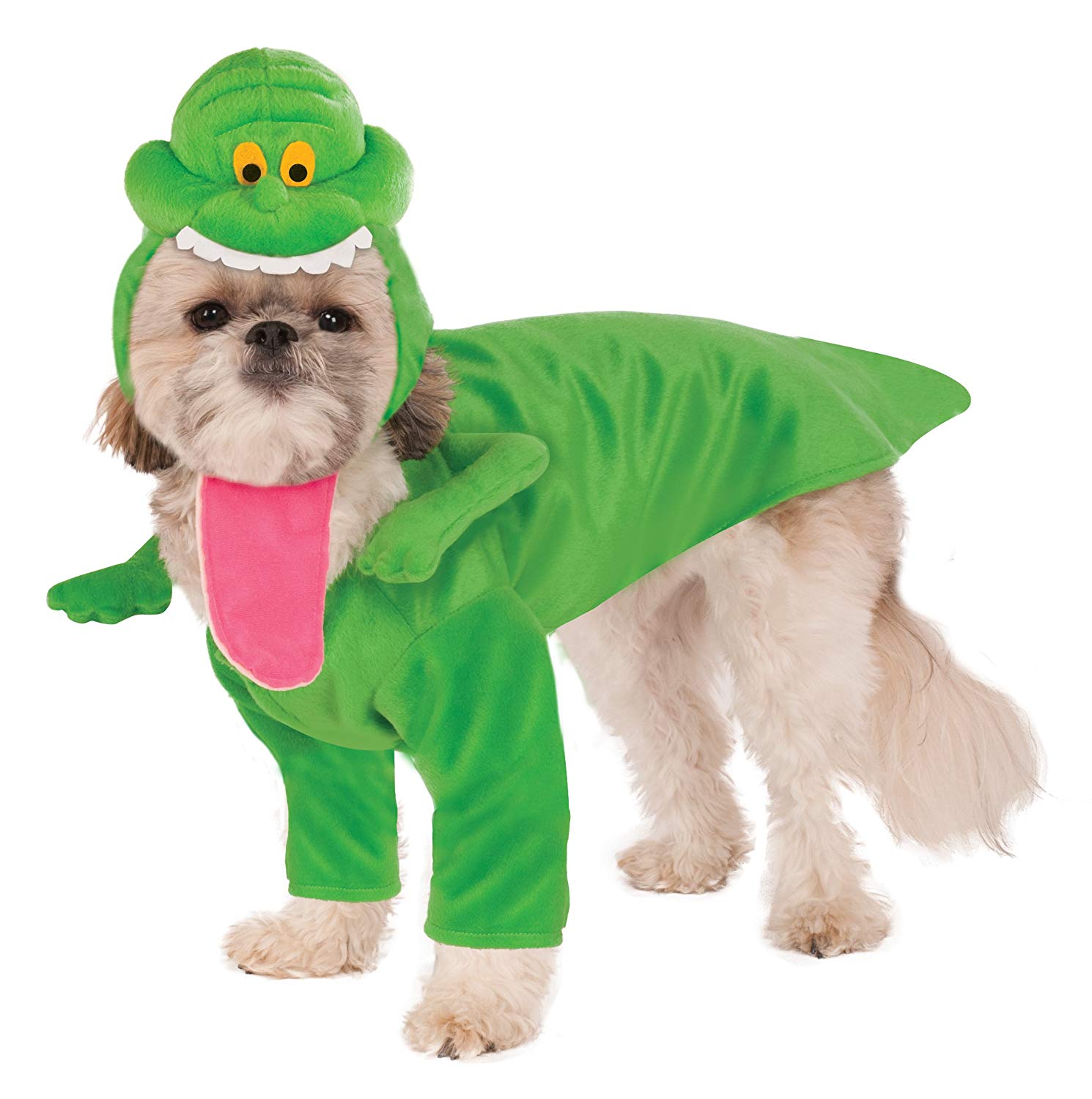 Shih tzu in an isolated white background wearing a Ghostbusters Slimer Dog Costume