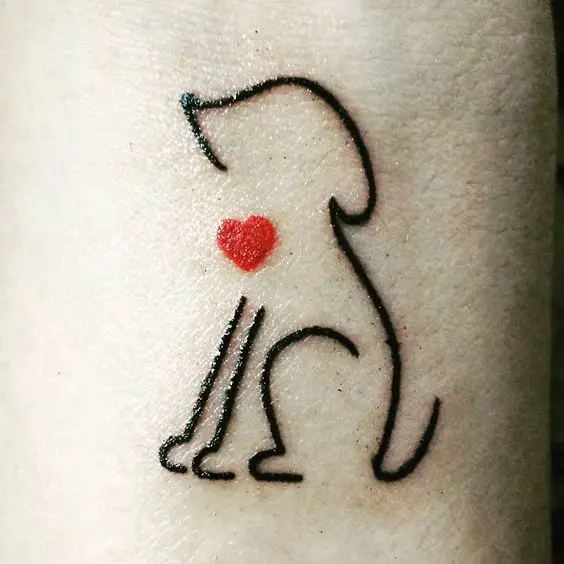 outline of sitting dog with a red heart tattoo