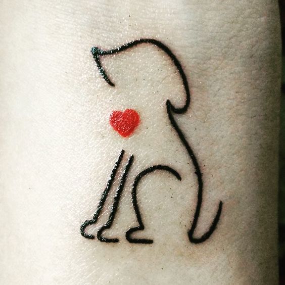 outline of sitting dog with a red heart tattoo