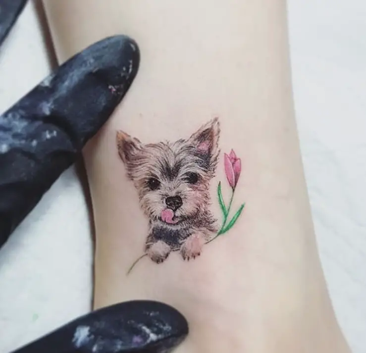 yorkie holding a flowers tattoo on angkle