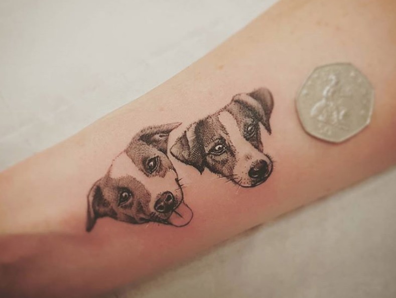 faces of two small dogs tattoo on the forearm