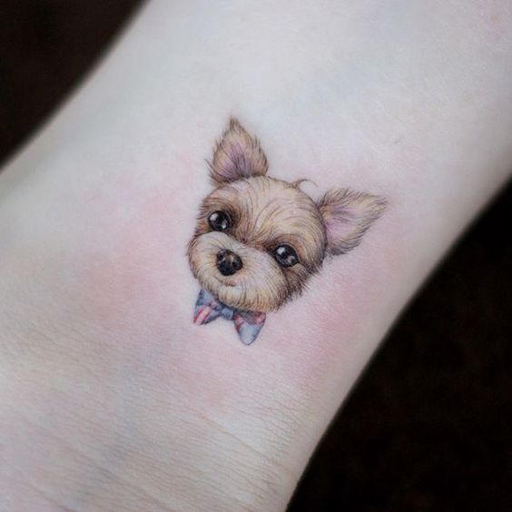 face of chihuahua dog wearing a ribbon neck tie tattoo on the ankle