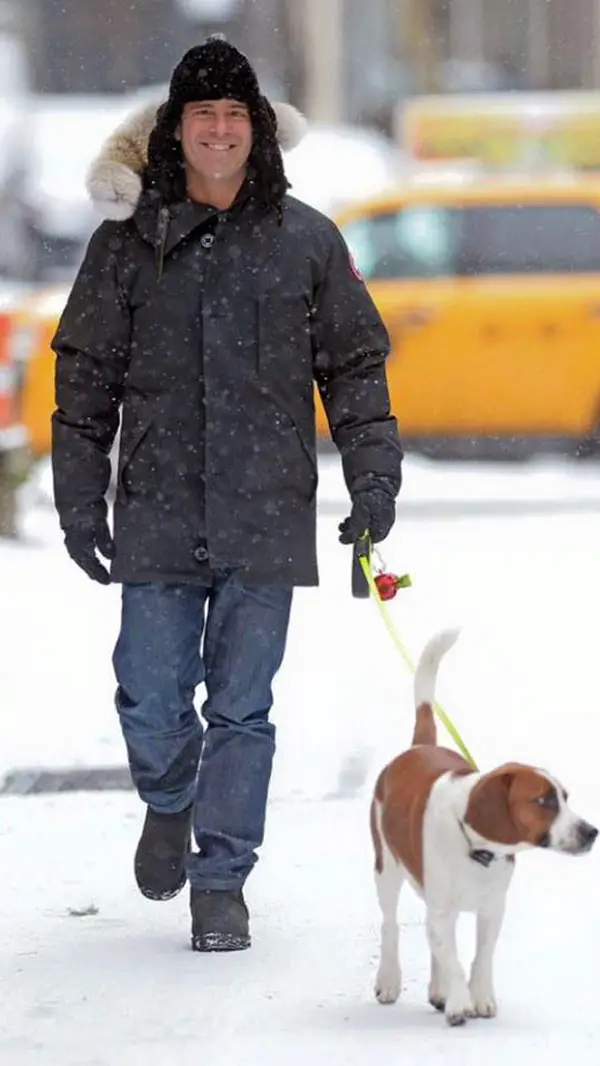 Andy Cohen walking in the street during winter with his Beagle