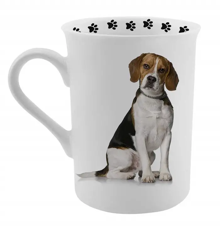 A white cup with Beagle print and paw print