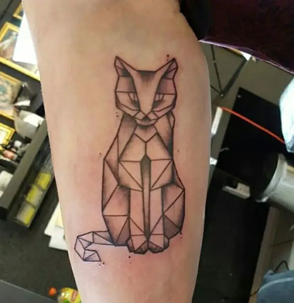 geometric cat tattoo on the biceps