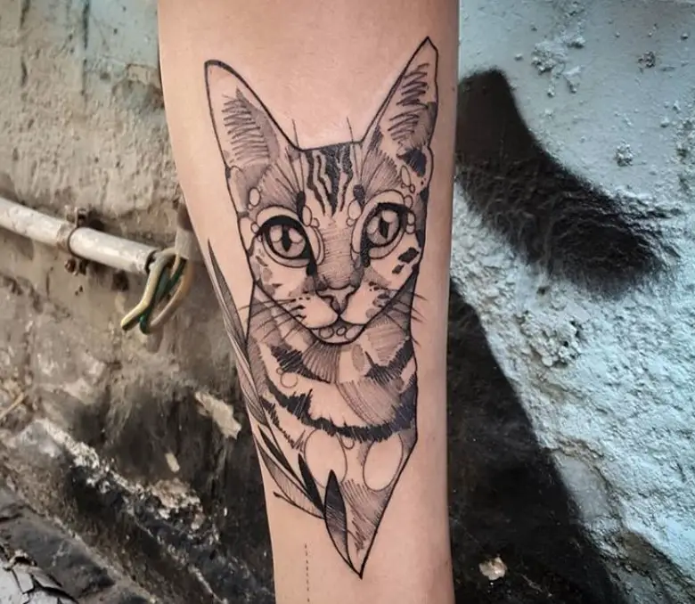 artistic Black and White Cat tattoo on the leg