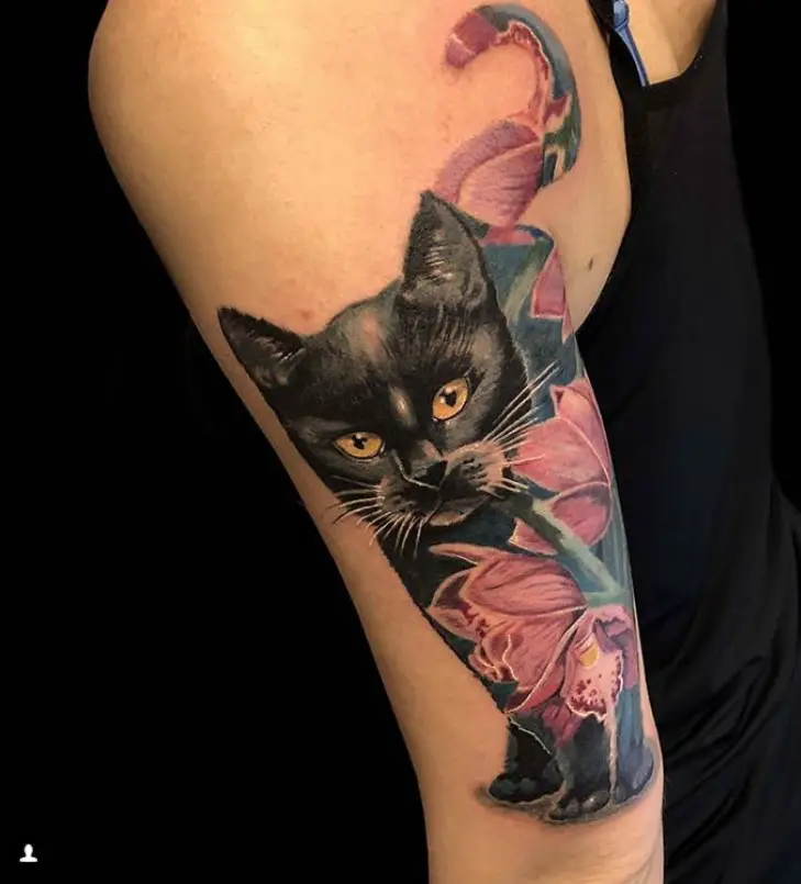black cat with red flowers tattoo on arms