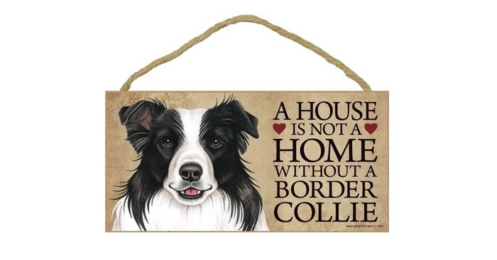 a wooden sign with the face of a Border Collie and a saying - A house is not a home without a Border Collie