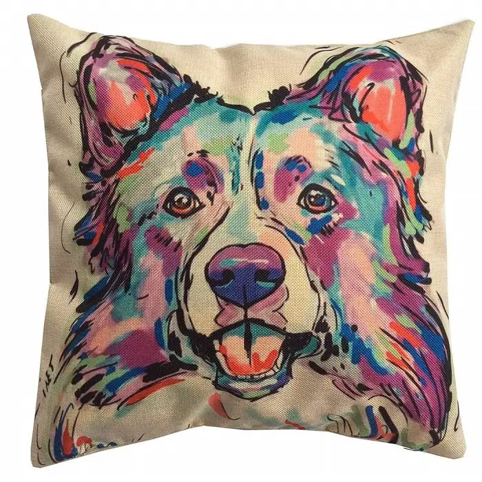 A Pillow Cover printed with a colorful face of a Border Collie 