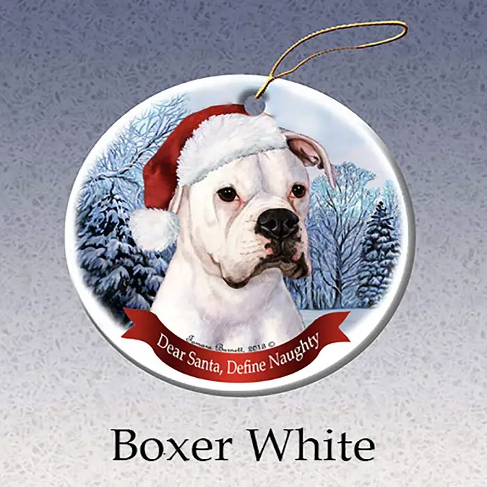 A White Boxer Dog Porcelain Christmas Tree Ornament