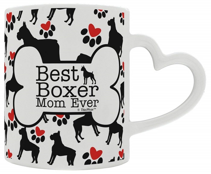 A white mug with boxer pattern and Best Boxer Mom ever print