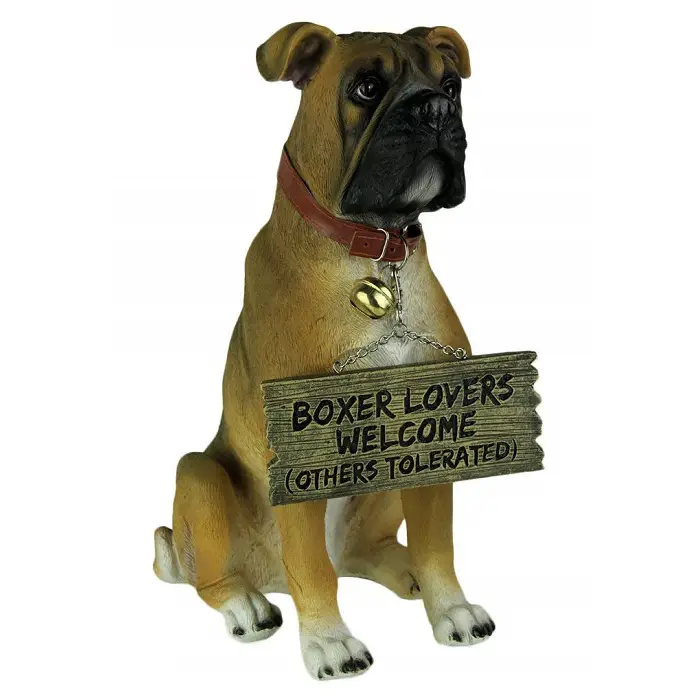 A boxer dog figurine wearing a sign that says - Boxer lovers welcome (others tolerated)
