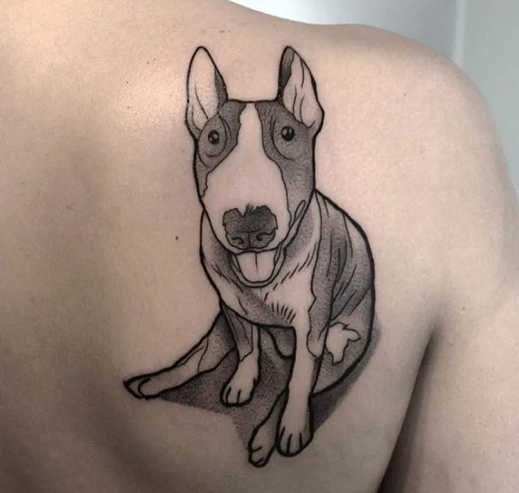 artistic black and gray Bull Terrier in sitting position tattoo on the back