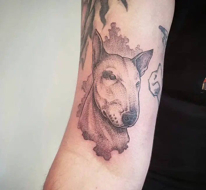 3D sideview face of a Bull Terrier tattoo on the biceps