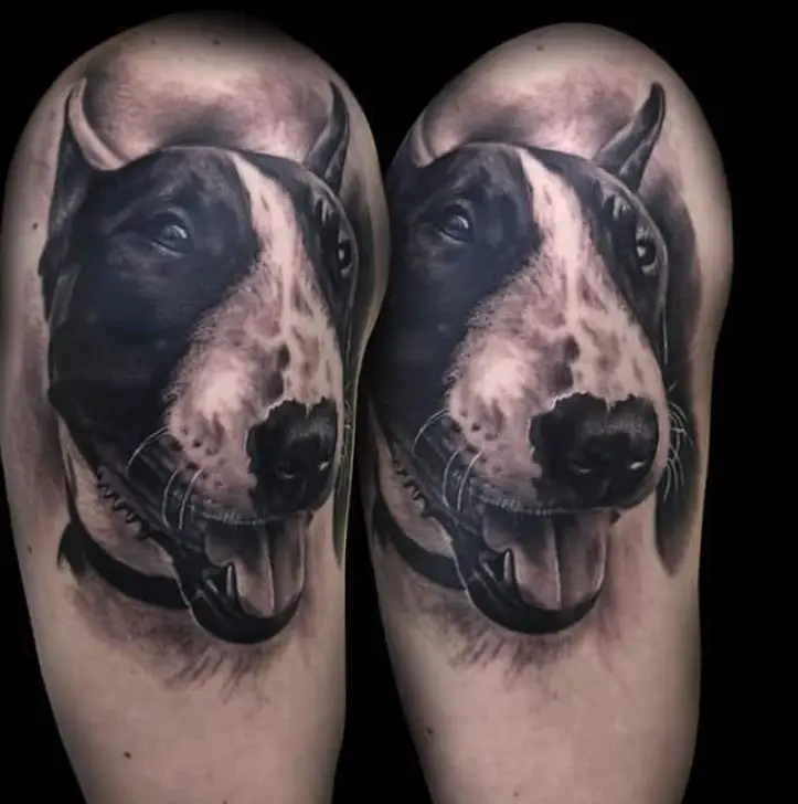3D black and gray face of a Bull Terrier tattoo on the shoulder