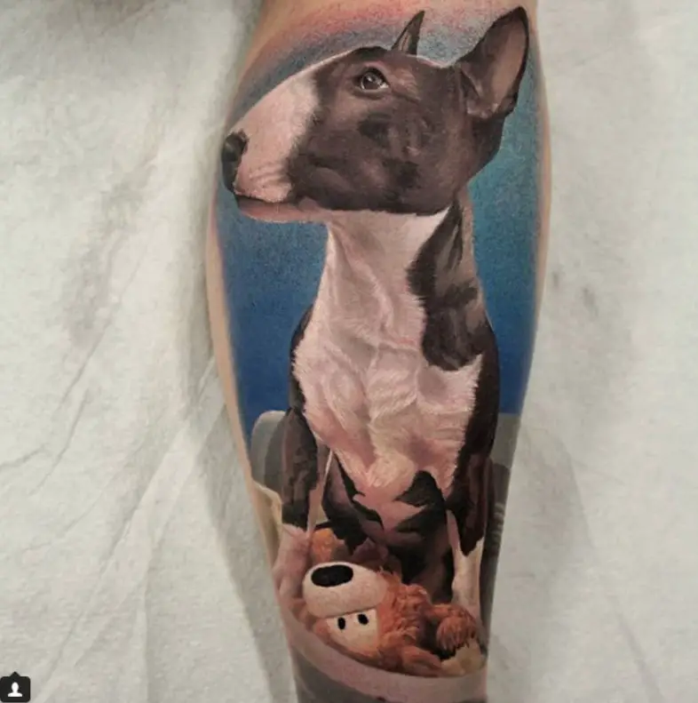 a tattoo on the leg of a black and white Bull Terrier sitting behind its bear stuffed toy while looking sideways in a blue background