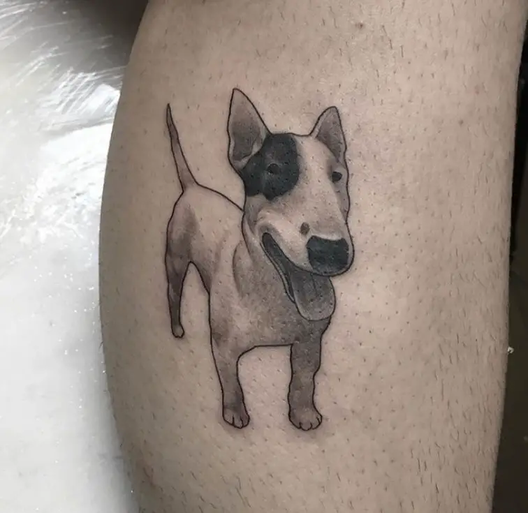 black and gray standing Bull Terrier tattoo on the leg