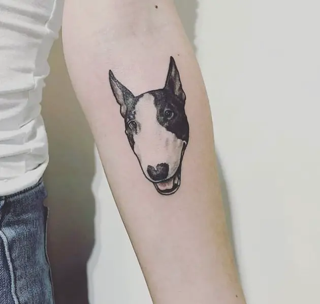 black and white happy face of a Bull Terrier tattoo on the forearm