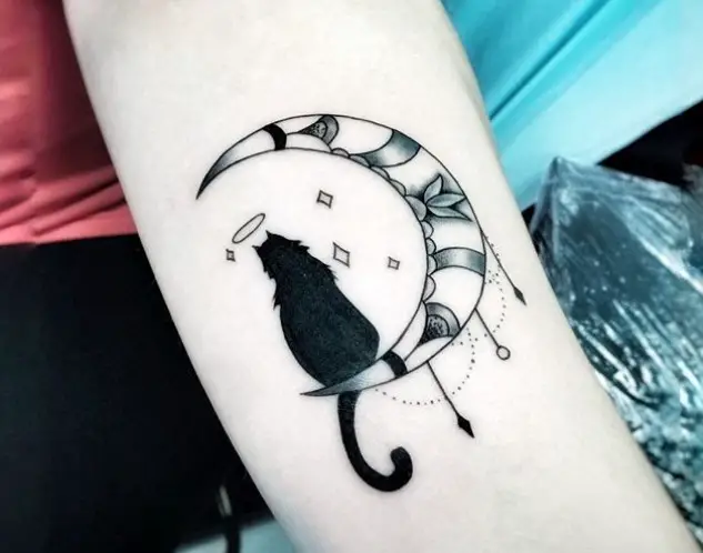 a black cat with halo sitting on the crescent moon