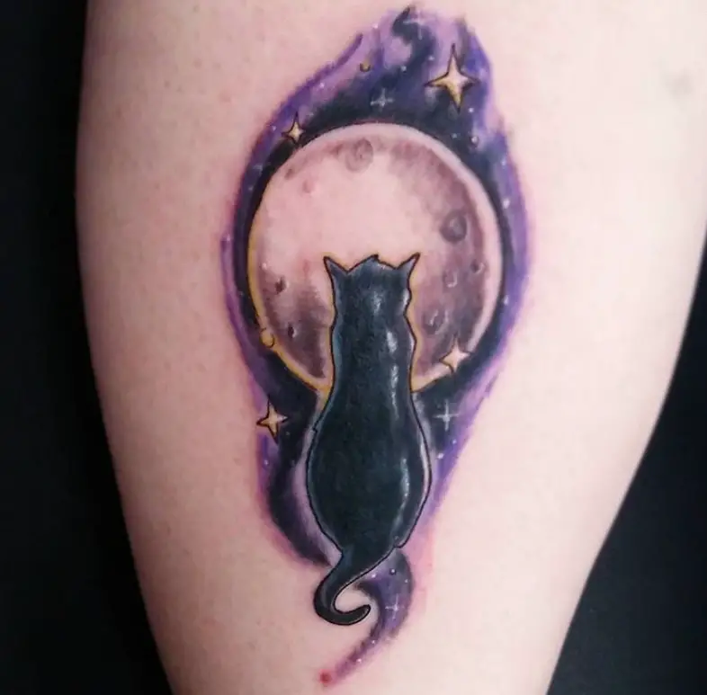 black cat and moon with violet flare tattoo