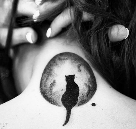 black cat and a full moon tattoo on the back of the neck