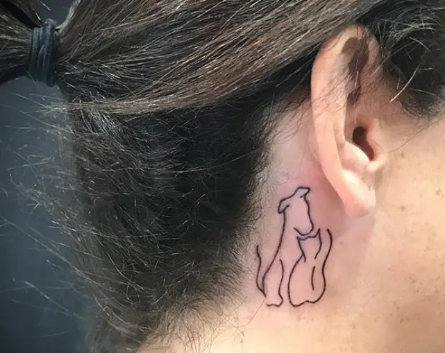 sitting dog and cat outline tattoo at the back of the ears