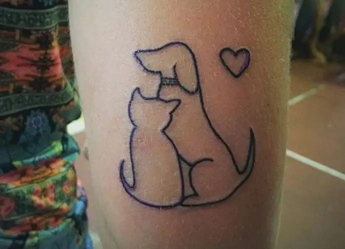 outline of dog and cat with heart beside tattoo on arms