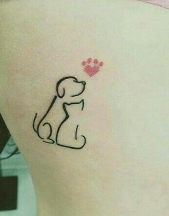 outline tattoo of dog and cat with red paw heart on top of rib part of the body