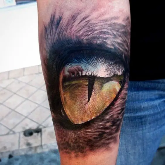 Cat's Eye with the view of elephant in the mountain tattoo on the forearm