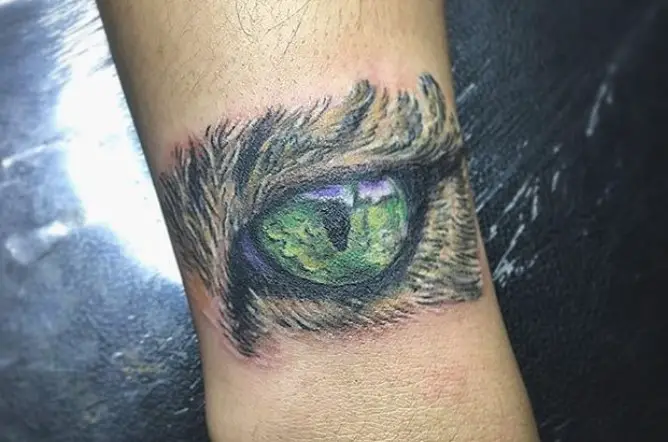 3D green eyes of a cat tattoo on the leg