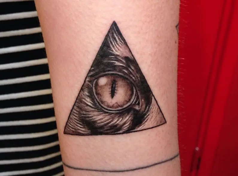 Cat's brown Eye in a diamond shape tattoo on the arm