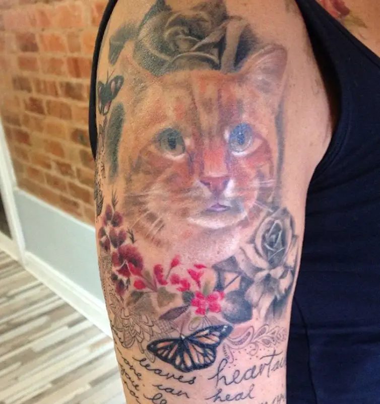 orange cat with flowers and butterfly tattoo