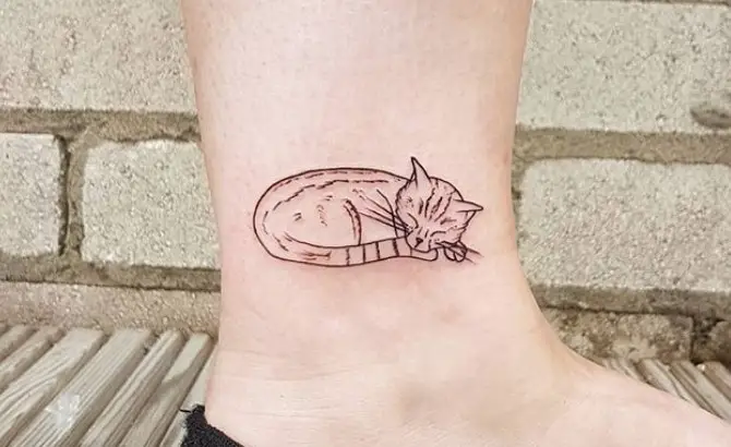 outline of a curled up sleeping cat tattoo on the ankle