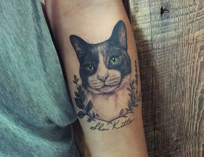 A realistic black and white Cat Portrait Tattoo on the forearm