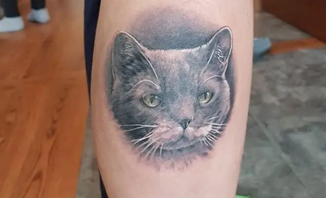 3D face of a Cat Portrait Tattoo on the leg