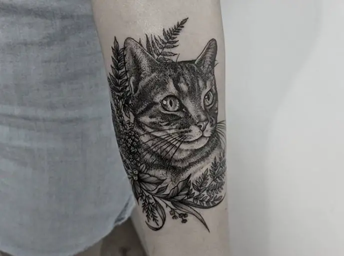 A realistic black and gray Cat Portrait Tattoo on the forearm