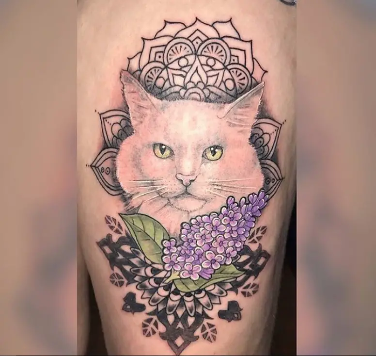 A white Cat Portrait with mandala and purple hydrangea flower Tattoo on the leg