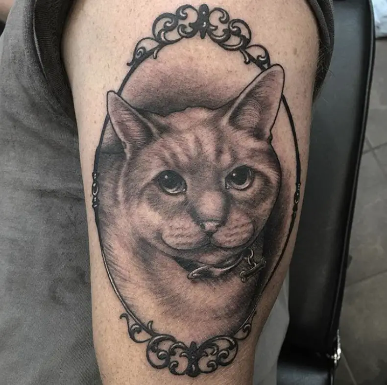 A 3D black and gray Cat Portrait in a frame Tattoo on the shoulder